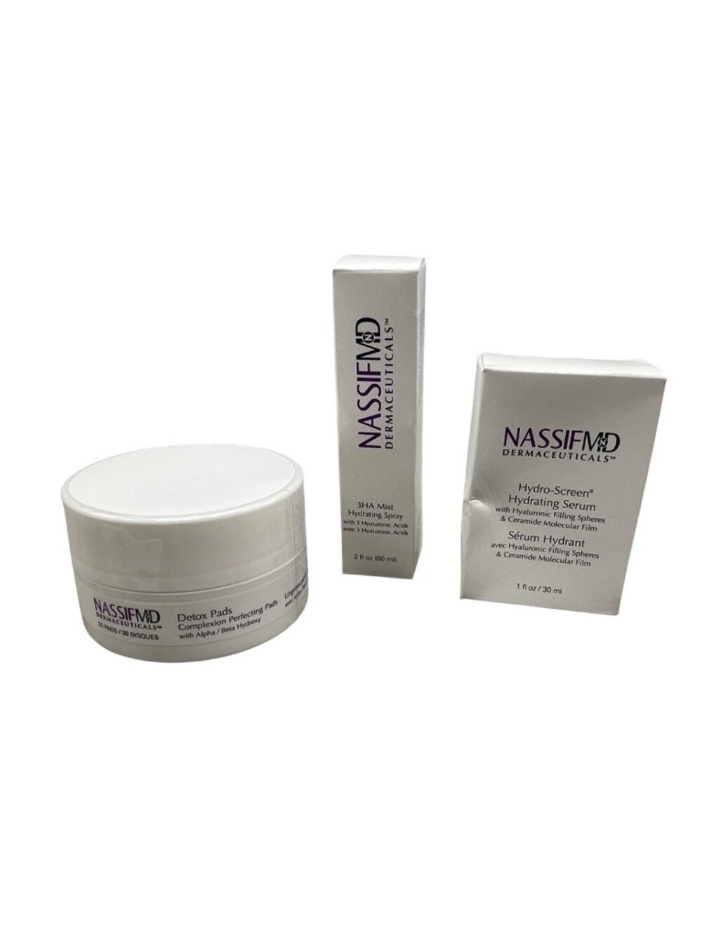 NassifMD Skincare Bundle: Detox Pads Mist Hydrating Spray Hydro-Screen & Serum